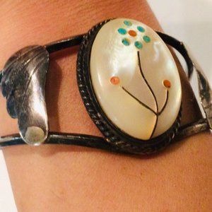 Silver Boho Cuff Bracelet Moonstone, Coral, and Tu